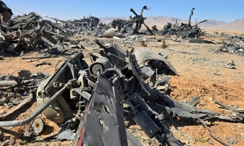 An image released on April 5, 2026, and obtained from social media appears to show wreckage of an American aircraft and a helicopter rotor in Isfahan, Iran. &mdash;Reuters