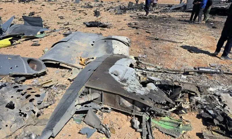 An image released on April 5, 2026, and obtained from social media appears to show wreckage of an American aircraft and a helicopter rotor in Isfahan, Iran. &mdash;Reuters