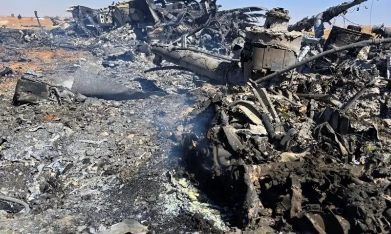 An image released on April 5, 2026, and obtained from social media appears to show wreckage of an American aircraft and a helicopter rotor in Isfahan, Iran. &mdash;Reuters