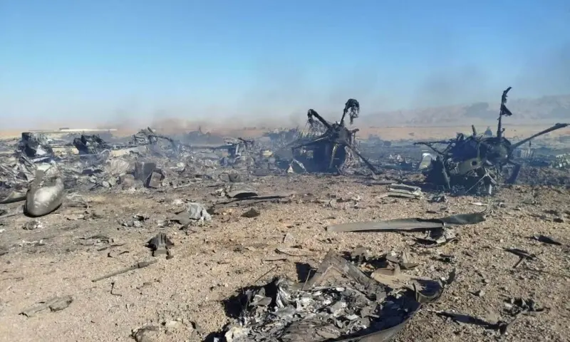 A still image purporting to show US aircraft destroyed during the US mission to find a stranded airman in Iran, the Revolutionary Guards said according to Iranian media, amid the US-Israeli conflict with Iran, in Isfahan, Iran, released on April 5, 2026. &mdash;Reuters
