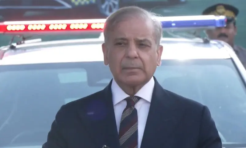 Prime Minister Shehbaz Sharif on Monday addresses a ceremony for the provision of eco-smart EVs to the Islamabad Capital Traffic Police. &mdash; DawnNewsTV
