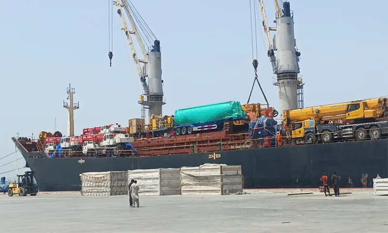 A Major cargo vessel from Malaysia is docked at the Gwadar Port, carrying 14,629 metric tons of transshipment goods.—Dawn A Major cargo vessel from Malaysia is docked at the Gwadar Port, carrying 14,629 metric tons of transshipment goods.—Dawn