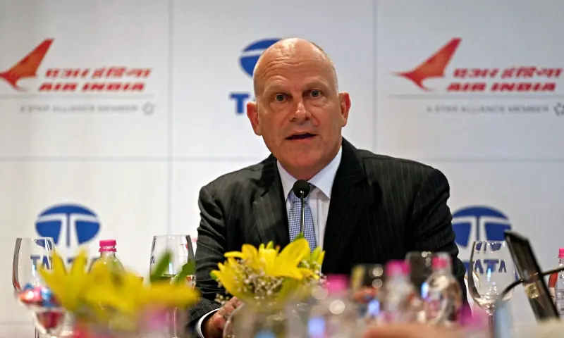 Campbell Wilson, then-chief executive officer (CEO) of Air India addresses a media briefing in Gurgaon on Feb 28, 2023. &mdash; AFP/File