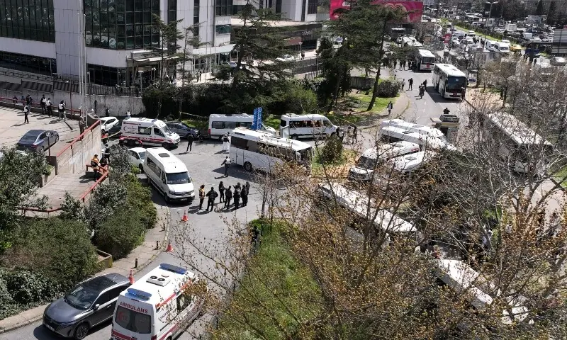 A drone view shows police officers and medics standing at the scene, after a gunfire was heard near the building housing the Israeli consulate, according to a witness, in Istanbul, Turkey on April 7, 2026. — Reuters A drone view shows police officers and medics standing at the scene, after a gunfire was heard near the building housing the Israeli consulate, according to a witness, in Istanbul, Turkey on April 7, 2026. — Reuters
