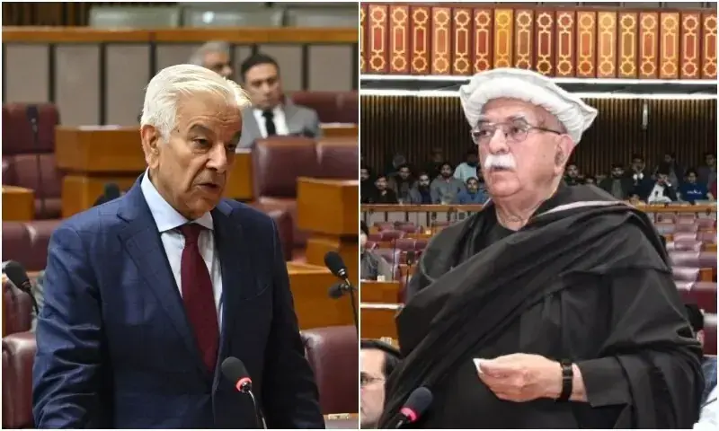 Defence Minister Khawaja Asif and Opposition Leader in the National Assembly Mahmood Khan Achakzai debate in the National Assembly on February 11. &mdash; Facebook/National Assembly of Pakistan/File