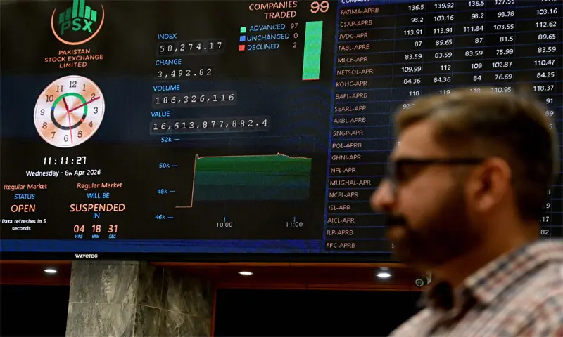 A stockbroker looks at share prices on a digital board at the Pakistan Stock Exchange in Karachi.—AFP A stockbroker looks at share prices on a digital board at the Pakistan Stock Exchange in Karachi.—AFP