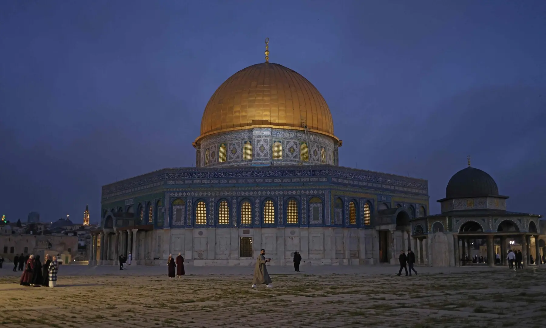 The Dome of the Rock at the Al-Aqsa Mosque compound is seen during dawn prayers in Jerusalem on April 9, 2026. &mdash;AFP