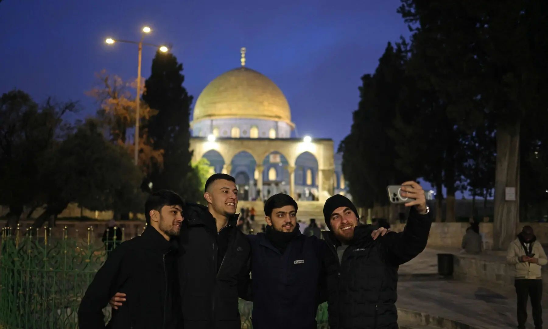 Worshippers gather near the Dome of the Rock at the Al-Aqsa Mosque compound for the dawn prayers in Jerusalem on April 9, 2026. &mdash;Reuters