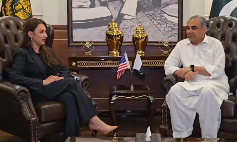 US Ambassador to Pakistan Natalie Baker and Interior Minister Mohsin Naqvi in a meeting on April 9. — Screengrab from video via X/@MOIofficialGoP US Ambassador to Pakistan Natalie Baker and Interior Minister Mohsin Naqvi in a meeting on April 9. — Screengrab from video via X/@MOIofficialGoP
