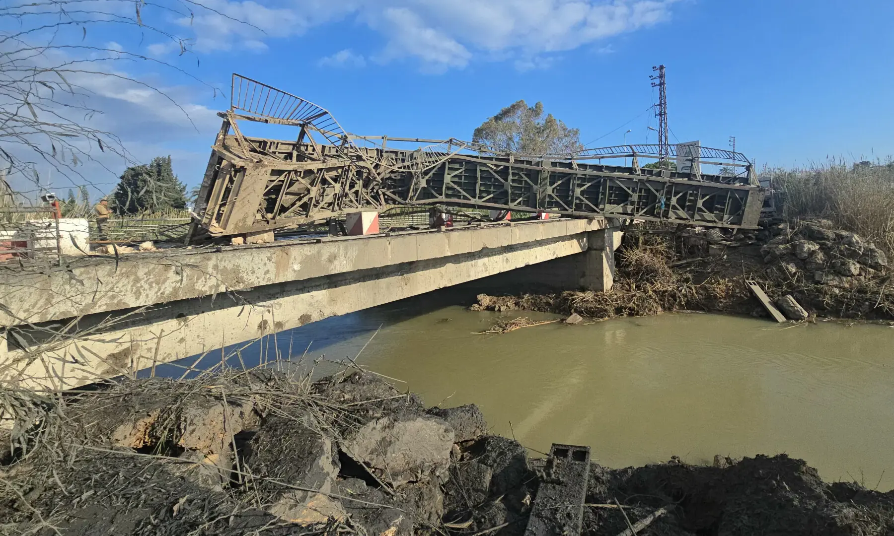 A picture taken on April 9, 2026 shows the aftermath of the previous day&rsquo;s Israeli airstrike that targeted Qasmiyeh Bridge, located on a main highway linking villages in the Tyre district with others farther north. &mdash; AFP