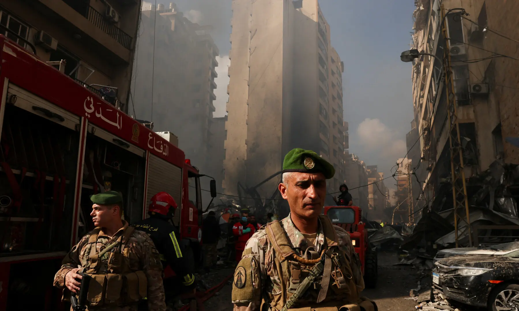 Soldiers at the site of an Israeli strike, in Al-Mazraa in Beirut, Lebanon on April 8, 2026. &mdash; Reuters