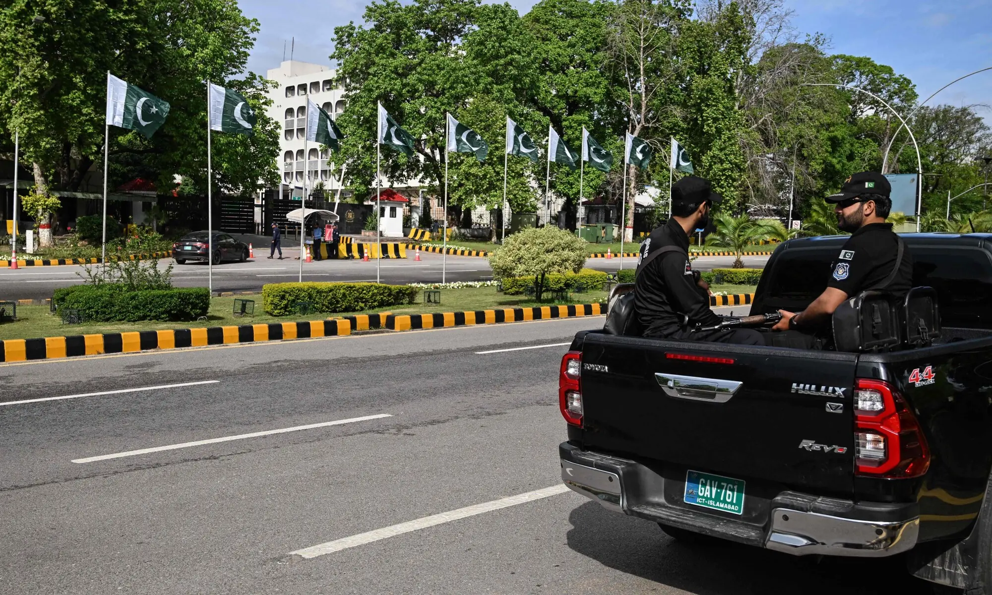 Security personnel patrol near the Foreign Ministry office in Islamabad on April 9, 2026. Pakistan has been preparing for high-stakes talks involving US and Iranian representatives over the war in the Middle East, with the White House saying Vice President JD Vance will be leading a team to the negotiations in Islamabad &ldquo;this weekend&rdquo;. (Photo by Aamir QURESHI / AFP)