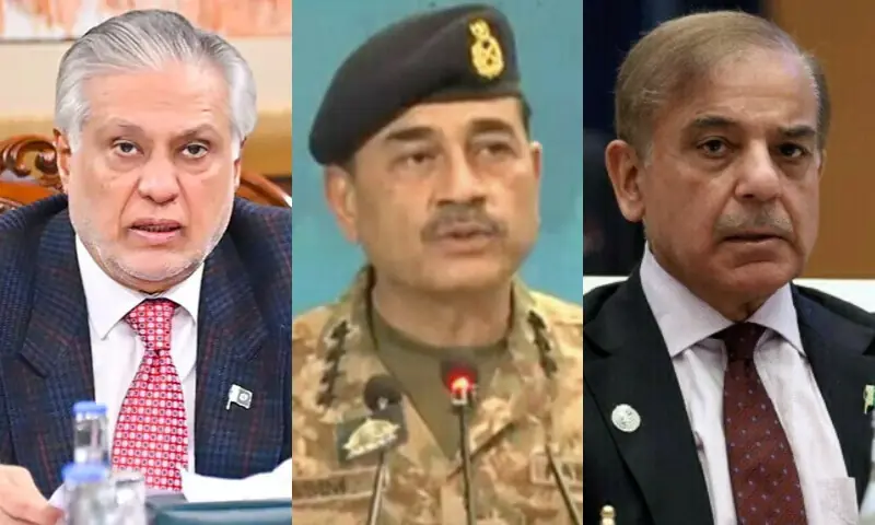 A combination photo of Foreign Minister Ishaq Dar, Field Marshal Asim Munir and Prime Minister Shehbaz Sharif.  Dawn/File