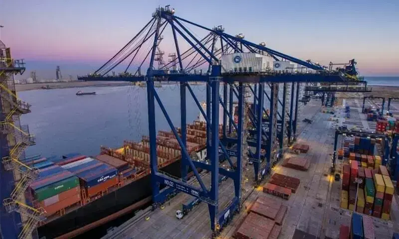 Cranes poised above shimmering waters at the Pakistan Deep Water Container Terminal at Keamari. — Dawn/File Cranes poised above shimmering waters at the Pakistan Deep Water Container Terminal at Keamari. — Dawn/File
