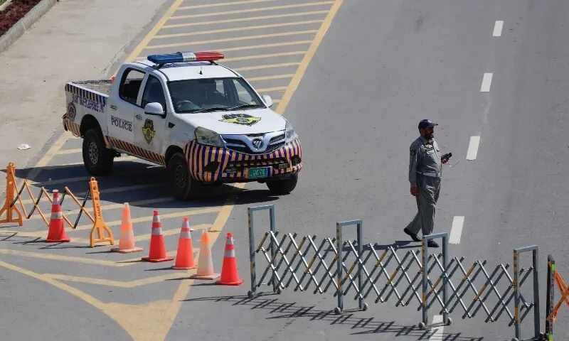 A roadblock for security measures near Serena Hotel, as Pakistan prepares to host the US and Iran for peace talks, in Islamabad on April 10. &mdash; Reuters