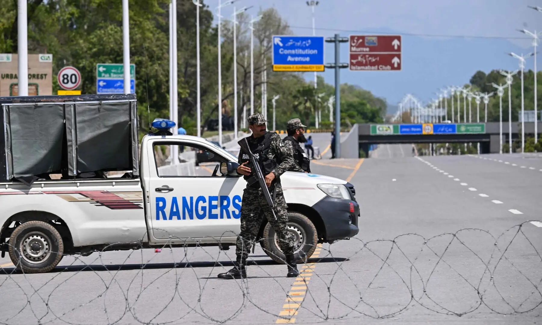 Pakistani Rangers stand guard near the expected venue of the US-Iran talks in the Red Zone area of Islamabad on April 10, 2026. &mdash;AFP