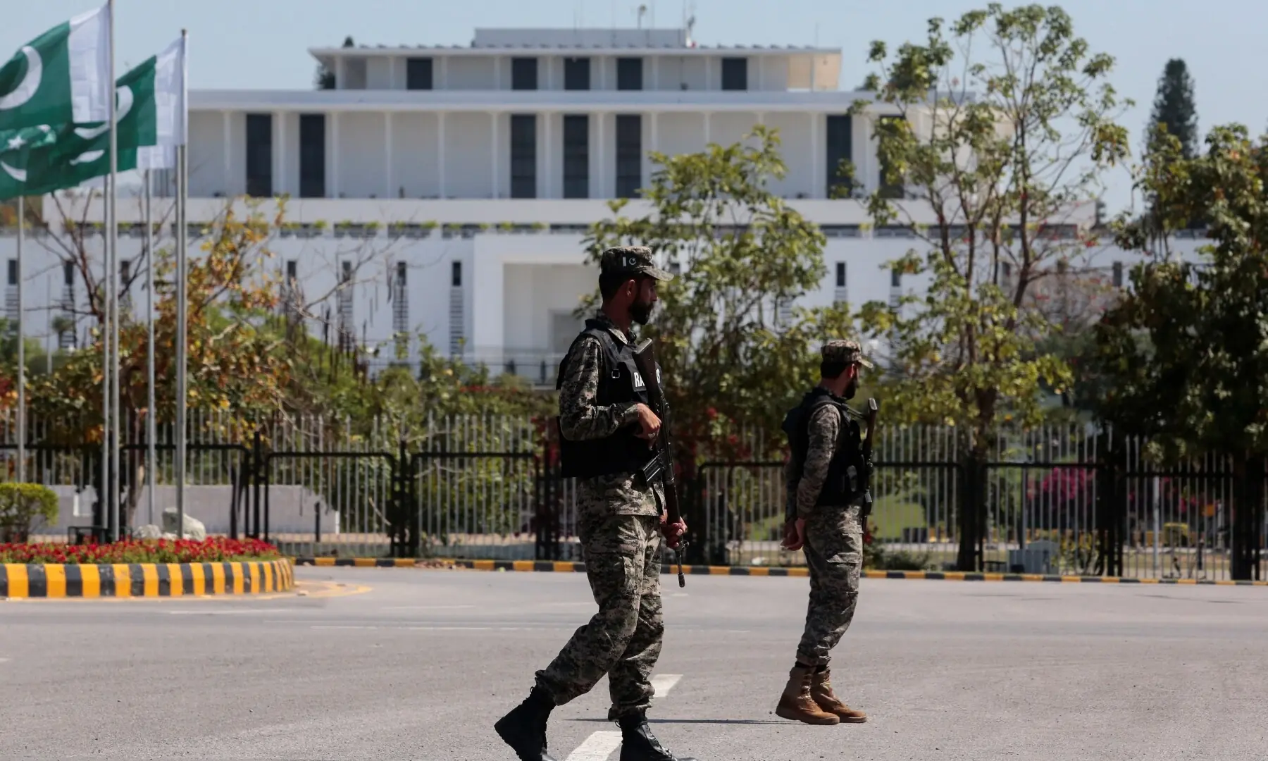 Pakistani Rangers patrol near the President&rsquo;s house, as Pakistan prepares to host the US and Iran for peace talks, in Islamabad, Pakistan, April 10, 2026. &mdash;Reuters