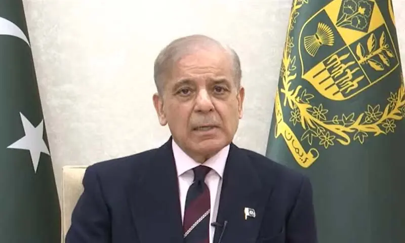 Prime Minister Shehbaz Sharif delivers a televised address on April 10. — Screengrab via PTV News