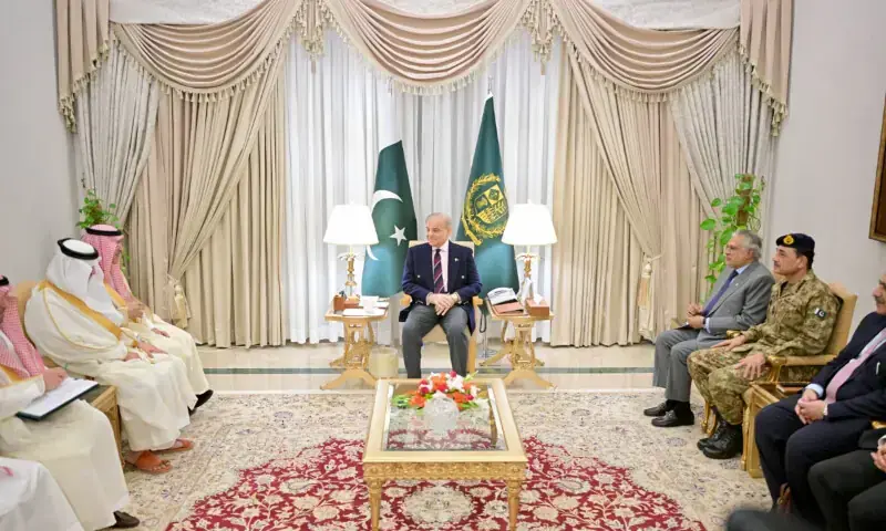 Prime Minister Shehbaz Sharif in a meeting with Saudi Arabia finance minister in Islamabad on April 10, 2026. &mdash; Photo via X/GovtofPakistan