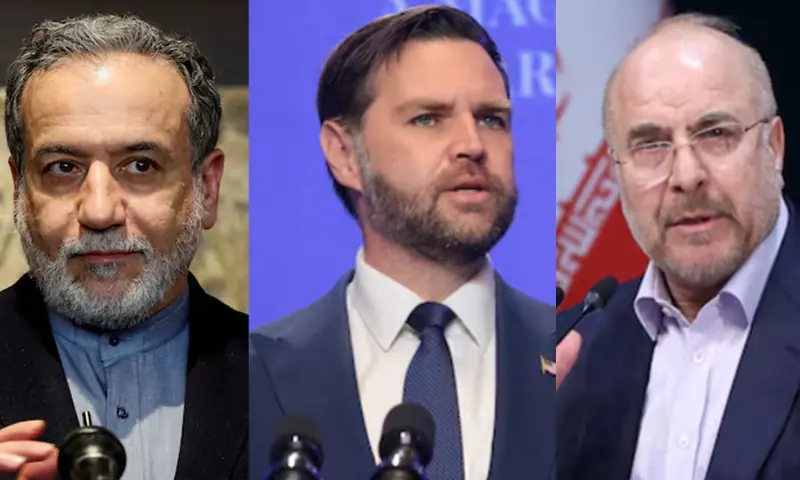 A combination photo of Iranian Foreign Minister Abbas Araghchi, US Vice President JD Vance and Iranian parliament speaker Mohammad Bagher Ghalibaf. &mdash; Reuters/File