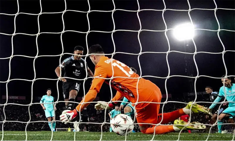 BOLOGNA: Aston Villa&rsquo;s Ollie Watkins (second L) scores past Bologna goalkeeper Federico Ravaglia during their Europa League quarter-final first leg at Stadio Renato Dall&rsquo;Ara.&mdash;Reuters