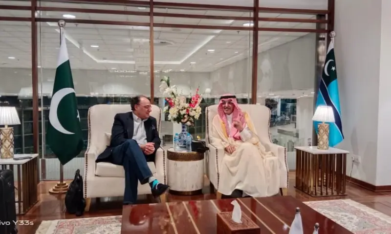 Federal Minister, Senator Muhammad Aurangzeb, meets Finance Minister of the Kingdom of Saudi Arabia, H.E. Mr. Mohammed bin Abdullah Al-Jadaan, at Islamabad International Airport on Friday, Apr 10. &mdash;Photo courtesy @Financegovpk/X