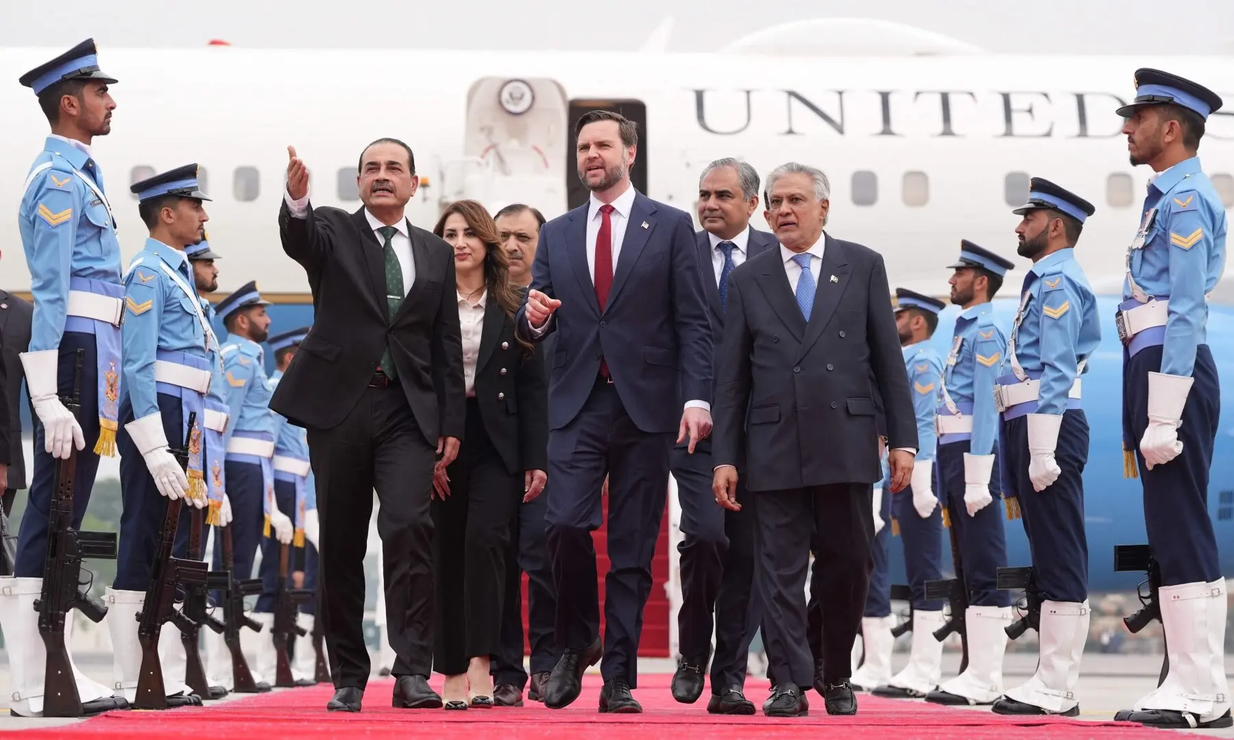 US Vice President JD Vance walks with Chief of Defence Forces (CDF) and Chief of Army Staff Field Marshal Asim Munir and Pakistani Deputy Prime Minister and Foreign Minister Mohammad Ishaq Dar after arriving for talks with Iranian officials in Islamabad, Pakistan, Saturday, April 11, 2026. &mdash;Reuters