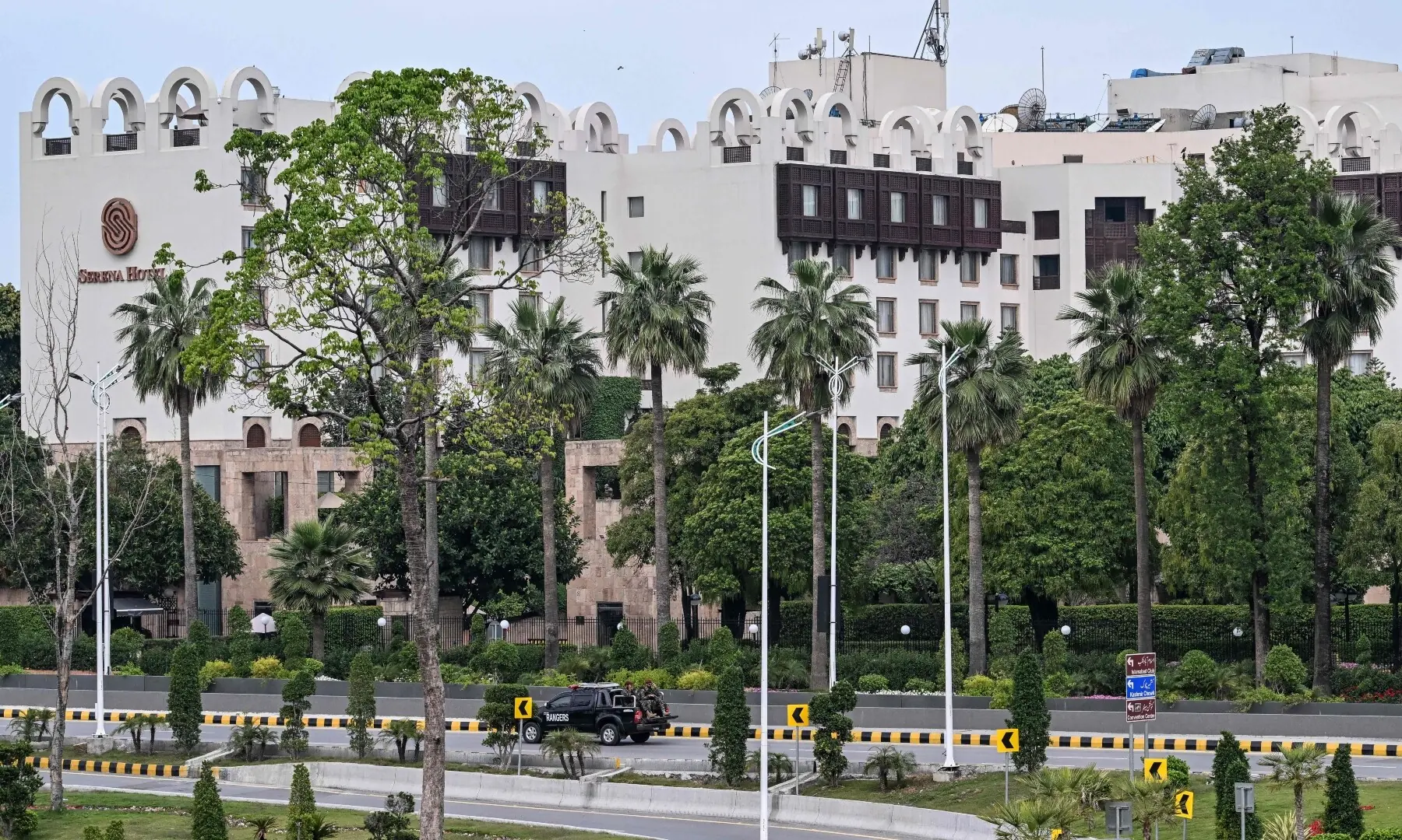 Army personnel ride past Serena Hotel at the Red Zone area ahead of US&ndash;Iran peace talks in Islamabad on April 11, 2026. Iran and the United States were scheduled to hold peace talks in Pakistan on April 11 with the foes appearing to be far apart on key demands and expressing mutual mistrust. &mdash;AFP