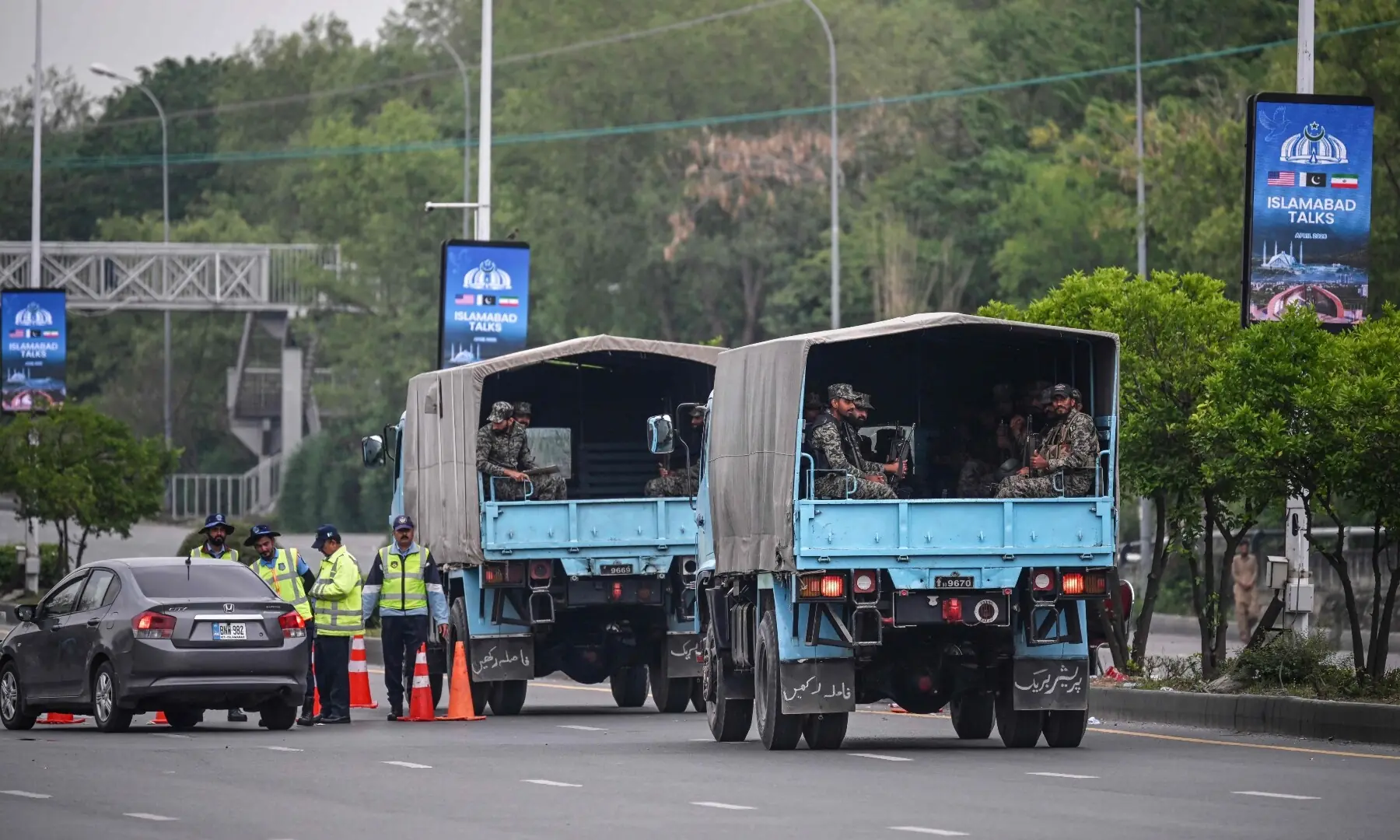Pakistani Rangers arrive at the Red Zone area ahead of US&ndash;Iran peace talks in Islamabad on April 11, 2026. Iran and the United States were scheduled to hold peace talks in Pakistan on April 11 with the foes appearing to be far apart on key demands and expressing mutual mistrust. &mdash;AFP