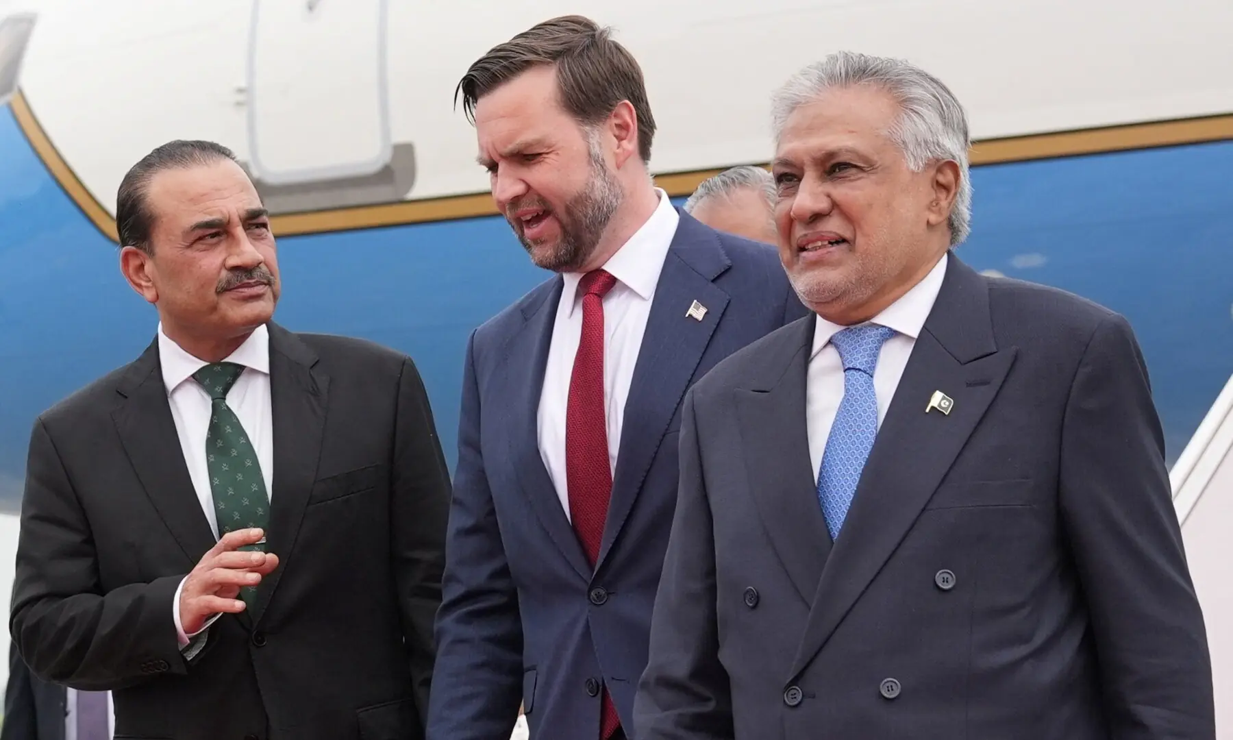 US Vice President JD Vance walks with Chief of Defence Forces (CDF) and Chief of Army Staff Field Marshal Asim Munir and Pakistani Deputy Prime Minister and Foreign Minister Mohammad Ishaq Dar after arriving for talks with Iranian officials in Islamabad, Pakistan, Saturday, April 11, 2026. &mdash;Reuters