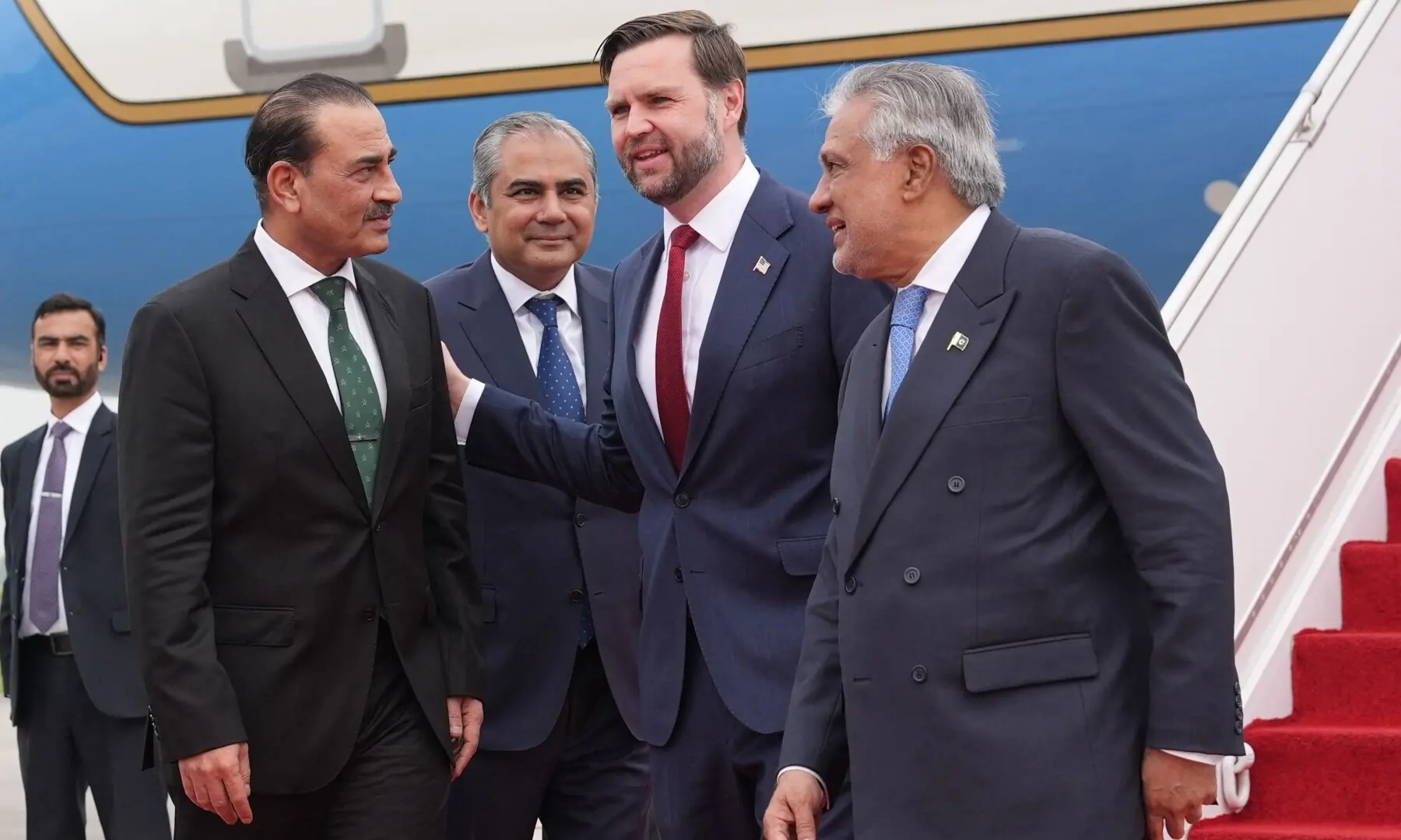 US Vice President JD Vance (2nd-R) talks with  (L), Pakistan&rsquo;s Chief of Defence Forces (CDF) and Chief of Army Staff Field Marshal Asim Munir Interior Minister Mohsin Raza Naqvi (2nd-L) and Pakistani Deputy Prime Minister and Foreign Minister Mohammad Ishaq Dar (R) after arriving for talks with Iranian officials in Islamabad on April 11, 2026. &mdash;Reuters