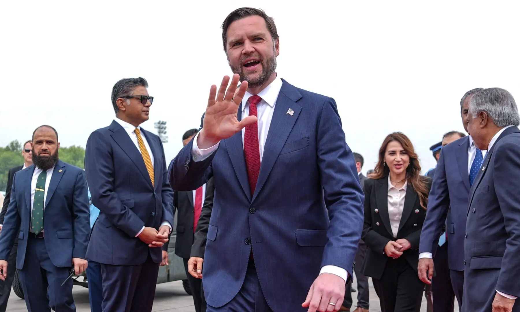 US Vice President JD Vance (C) gestures upon his arrival for the US-Iran peace talks in Islamabad on April 11, 2026. &mdash;AFP
