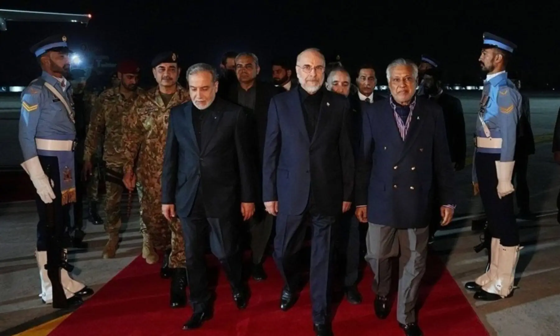 Foreign Minister Ishaq Dar (2nd R) and Chief of Defence Forces (CDF) and Chief of Army Staff Field Marshal Asim Munir (2nd L) walk with Iran&rsquo;s Foreign Minister Abbas Araghchi (centre L) and Iran&rsquo;s Parliament Speaker Mohammad Bagher Ghalibaf (centre R) upon their arrival at Nur Khan air base in Islamabad. &mdash; Tasnim news