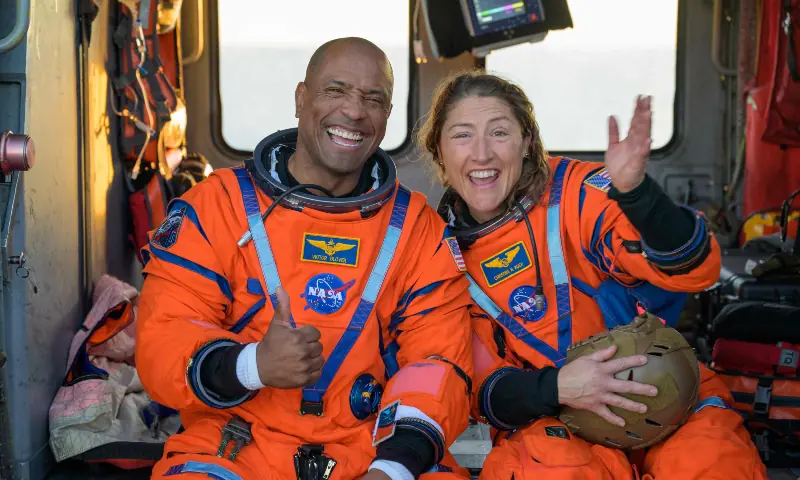 This handout photo released by NASA shows NASA astronaut Victor Glover (L), Artemis II pilot, and NASA astronaut Christina Koch, Artemis II mission specialist, sitting on a Navy MH-60 Seahawk from Helicopter Sea Combat Squadron (HSC) 23 on the flight deck of USS John P. Murtha after they and fellow crewmates were extracted from their Orion spacecraft after splashdown, April 10, 2026, in the Pacific Ocean off the coast of California. — Nasa via AFP This handout photo released by NASA shows NASA astronaut Victor Glover (L), Artemis II pilot, and NASA astronaut Christina Koch, Artemis II mission specialist, sitting on a Navy MH-60 Seahawk from Helicopter Sea Combat Squadron (HSC) 23 on the flight deck of USS John P. Murtha after they and fellow crewmates were extracted from their Orion spacecraft after splashdown, April 10, 2026, in the Pacific Ocean off the coast of California. — Nasa via AFP