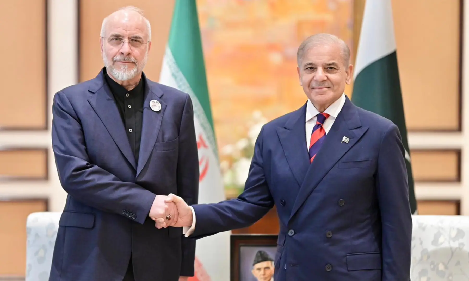 Iran Parliament Speaker Mohammad Bagher Ghalibaf shakes hands with Prime Minister Shehbaz Sharif in Islamabad on April 11. — PTVNewsOfficial Iran Parliament Speaker Mohammad Bagher Ghalibaf shakes hands with Prime Minister Shehbaz Sharif in Islamabad on April 11. — PTVNewsOfficial