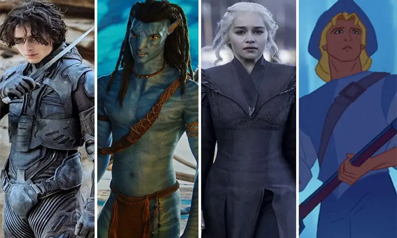 (From left to right) Timoth&eacute;e Chalamet as Paul Atreides in Dune, Sam Worthington as Jake Sully in Avatar, Emilia Clarke as Queen Daenerys Targaryen in Game of Thrones and the character John Smith from the animated film Pocahontas