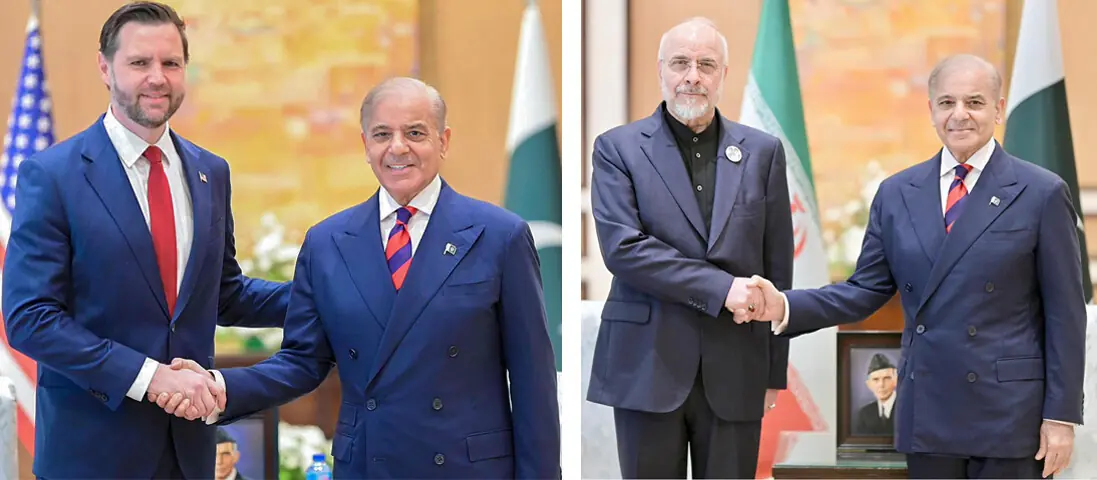 PRIME Minister Shehbaz Sharif shakes hands with US Vice President J.D. Vance (left) and Bagher Ghalibaf, the head of Iran’s delegation.—White Star / AFP PRIME Minister Shehbaz Sharif shakes hands with US Vice President J.D. Vance (left) and Bagher Ghalibaf, the head of Iran’s delegation.—White Star / AFP
