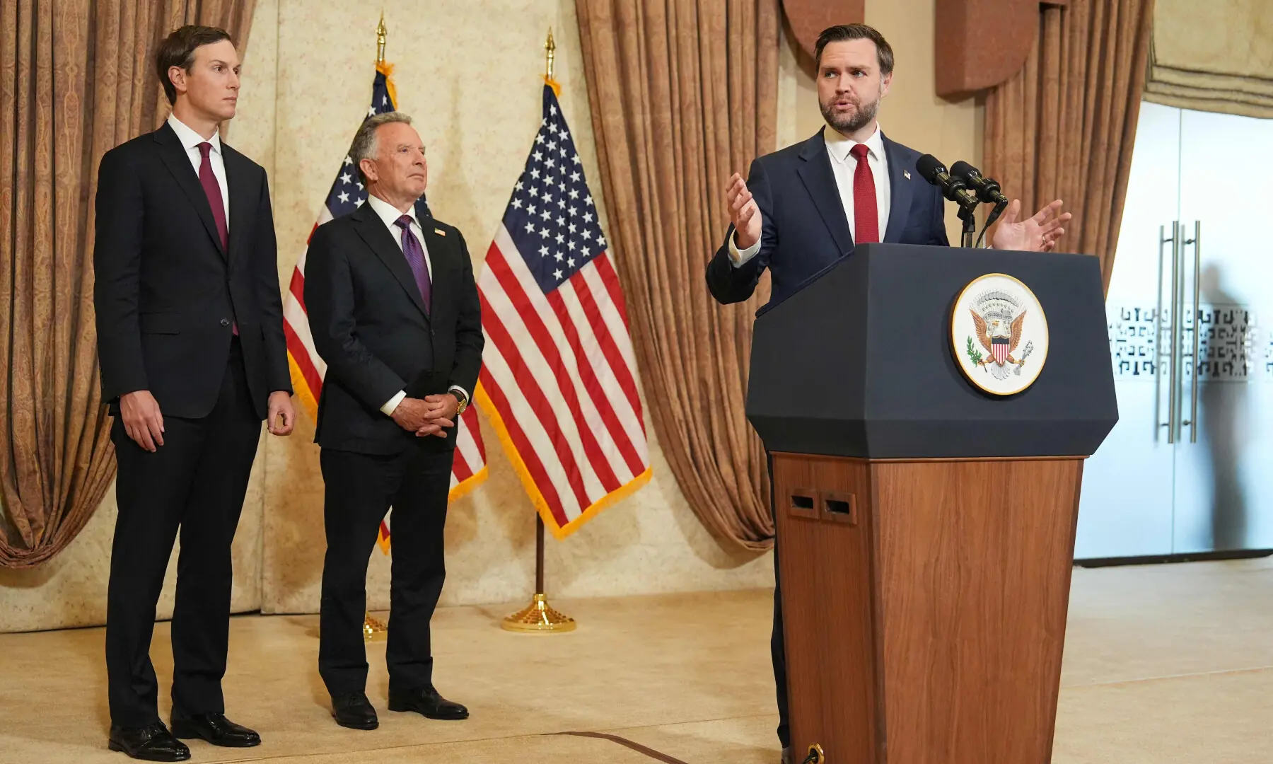 Vice President JD Vance (R) speaks during a news conference after meeting with representatives from Pakistan and Iran, as US President Donald Trump&rsquo;s son-in-law Jared Kushner (L) and US Special Envoy to the Middle East Steve Witkoff (C) watch, in Islamabad on April 12, 2026. &mdash; AFP