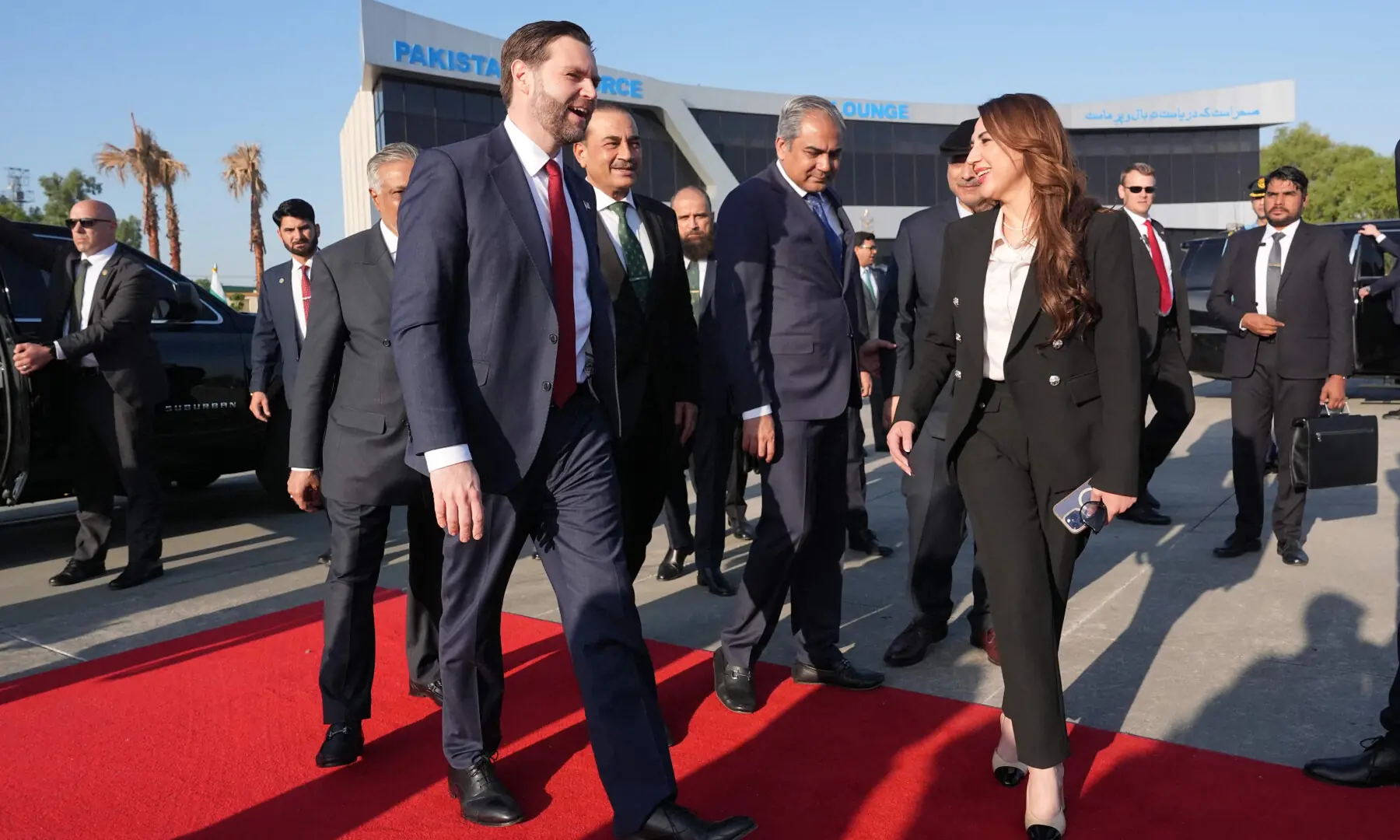 US Vice President JD Vance walks with Deputy Prime Minister Mohammad Ishaq Dar, CDF and COAS Field Marshal Asim Munir, Interior Minister Mohsin Naqvi, and Charge d&rsquo;Affaires of the US Embassy in Islamabad Natalie A. Baker (3rd R) before boarding Air Force Two after attending talks on Iran in Islamabad on April 12, 2026. &mdash; AFP