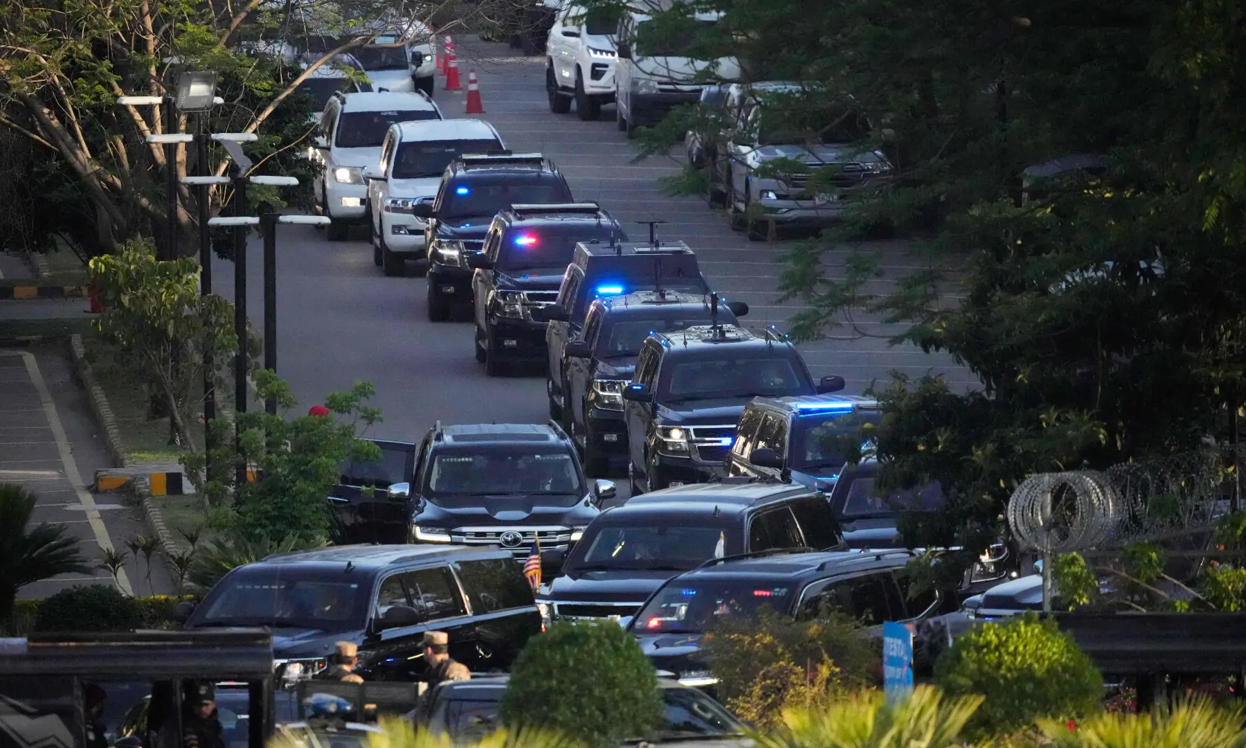 A motorcade believed to be carrying US Vice President JD Vance as he leaves from the Serena Hotel for Nur Khan air base to depart Pakistan after talks with Iranian officials in Islamabad on April 12, 2026. &mdash; AFP