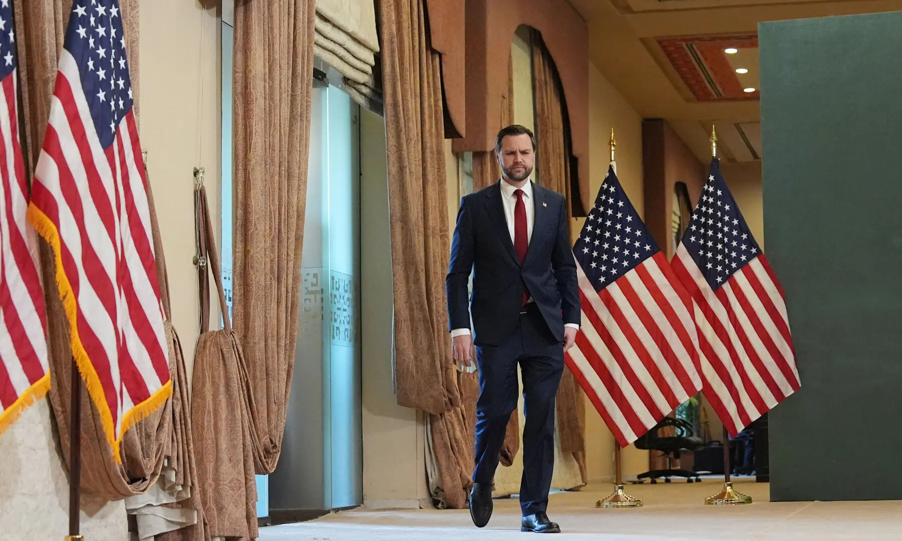 Vice President JD Vance arrives for a news conference after meeting with representatives from Pakistan and Iran in Islamabad on April 12, 2026. &mdash; AFP