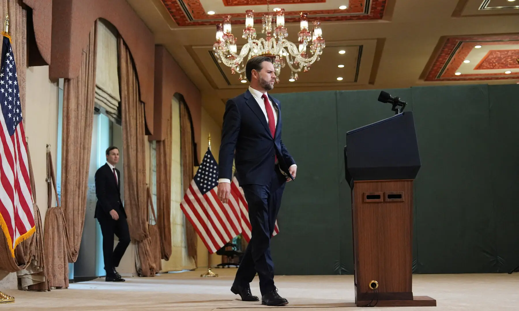 US Vice President JD Vance and Jared Kushner arrive for a news conference after meeting with representatives from Pakistan and Iran, on April 12, 2026, in Islamabad. &mdash; Pool via Reuters