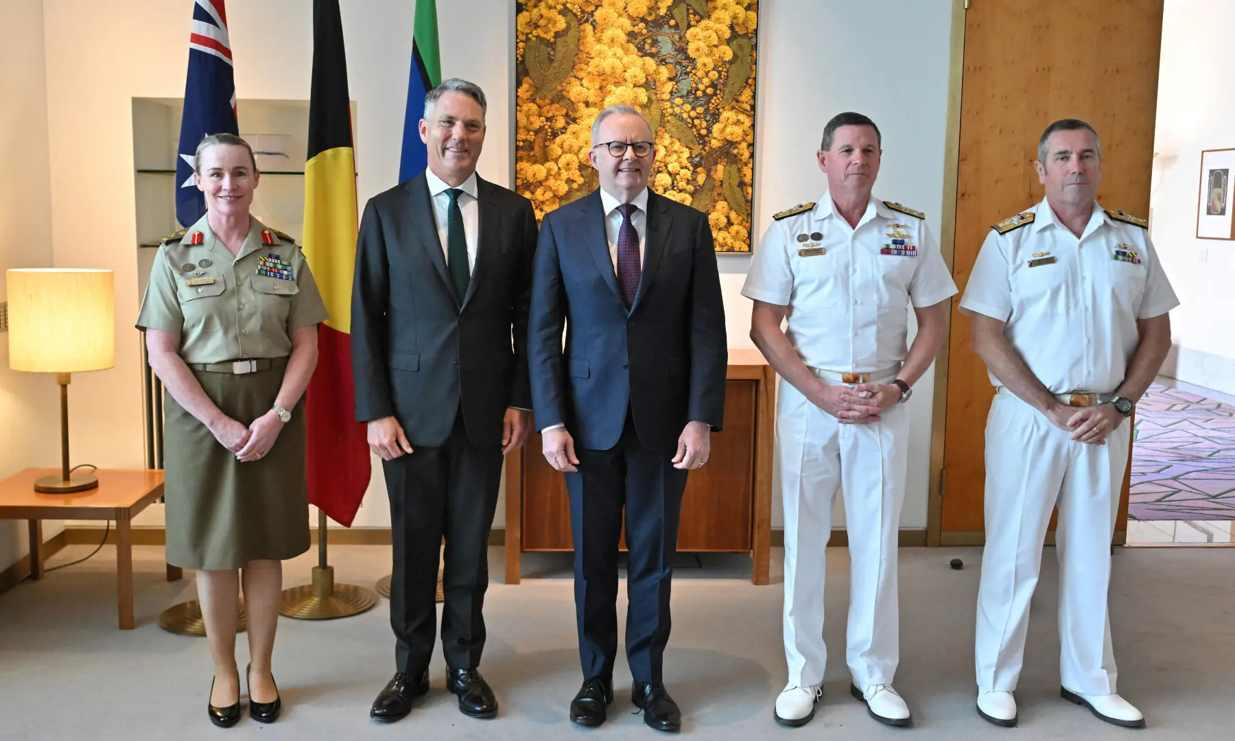 Newly appointed Chief of Army Lt Gen Susan Coyle, Deputy PM Richard Marles, PM Anthony Albanese, newly appointed Chief of the Defence Force (CDF) Vice Admiral Mark Hammond and newly appointed Chief of Navy Rear Admiral Matthew Buckley pose for photographers after a press conference at Parliament House in Canberra, Australia on April 13, 2026. — AAP Image via Reuters Newly appointed Chief of Army Lt Gen Susan Coyle, Deputy PM Richard Marles, PM Anthony Albanese, newly appointed Chief of the Defence Force (CDF) Vice Admiral Mark Hammond and newly appointed Chief of Navy Rear Admiral Matthew Buckley pose for photographers after a press conference at Parliament House in Canberra, Australia on April 13, 2026. — AAP Image via Reuters