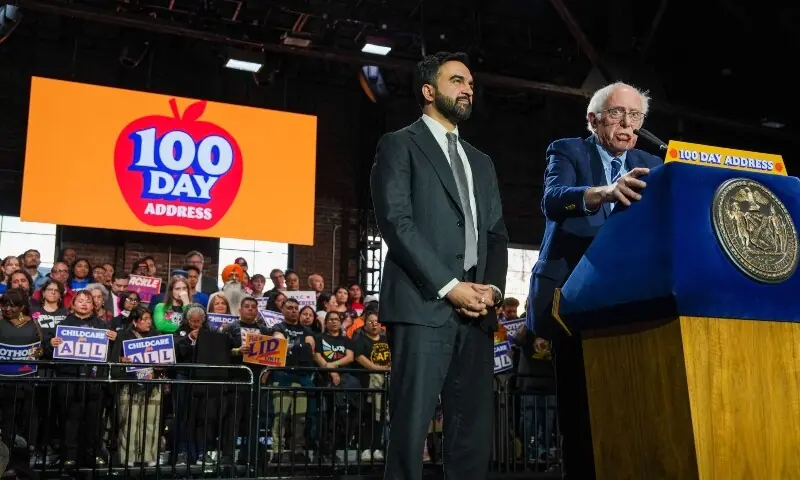 New York City Mayor Zohran Mamdani and US Senator Bernie Sanders (I-VT) speak to supporters during the Mayor&rsquo;s 100-day address on April 12, 2026 in New York City.  &mdash;AFP