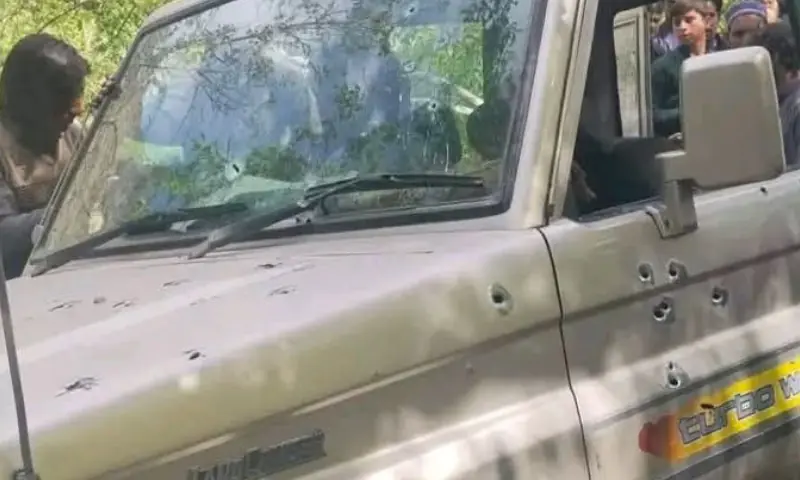 The image shows a bullet-ridden vehicle of police officials in Diamer on April 13, 2026. — photo provided by author The image shows a bullet-ridden vehicle of police officials in Diamer on April 13, 2026. — photo provided by author