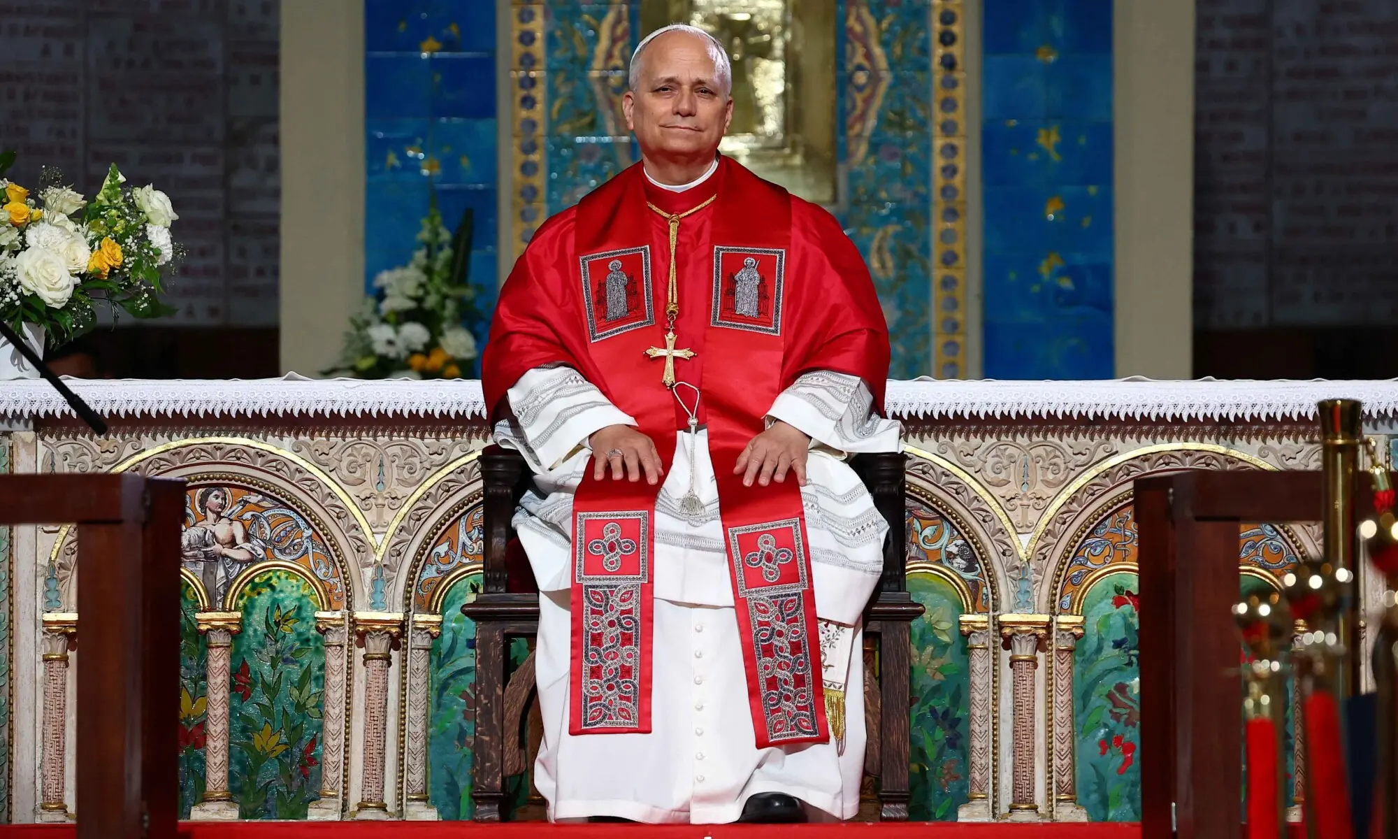 Pope Leo XIV attends a meeting with the Algerian community at the Basilica of our lady of Africa in Algiers, Algeria, April 13, 2026. REUTERS/Guglielmo Mangiapane
