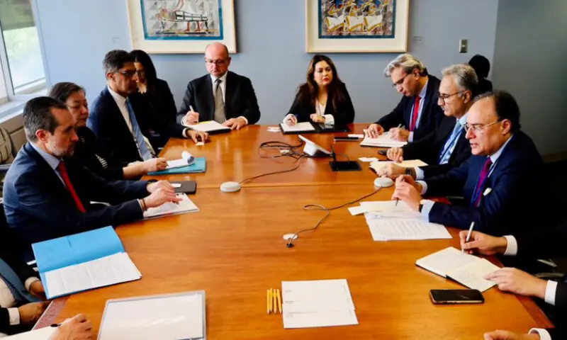 Finance Minister Muhammad Aurangzeb, in a meeting with World Bank Vice President Jorge Familiar Calderon in Washington on April 13, 2026. &mdash; Photo via X/@Financegovpk