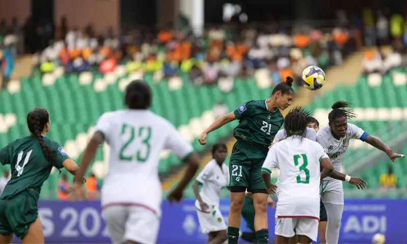 PAKISTAN&rsquo;S Zehmena Malik heads the ball during the FIFA Series match against Mauritania at the Alassane Ouattara Stadium.&mdash;Courtesy PFF