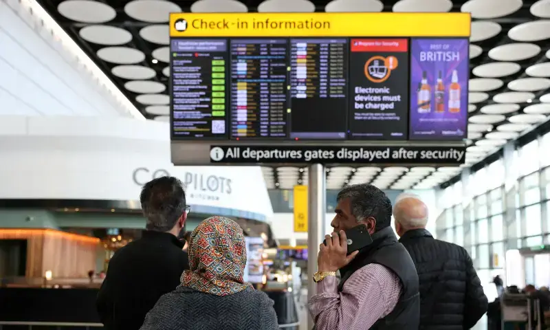 Travellers check on a departure board displaying cancelled flights to Middle East countries amid the US-Israel conflict with Iran, at Heathrow Airport Terminal 4, in Greater London, Britain on March 2, 2026. — Reuters/File Travellers check on a departure board displaying cancelled flights to Middle East countries amid the US-Israel conflict with Iran, at Heathrow Airport Terminal 4, in Greater London, Britain on March 2, 2026. — Reuters/File