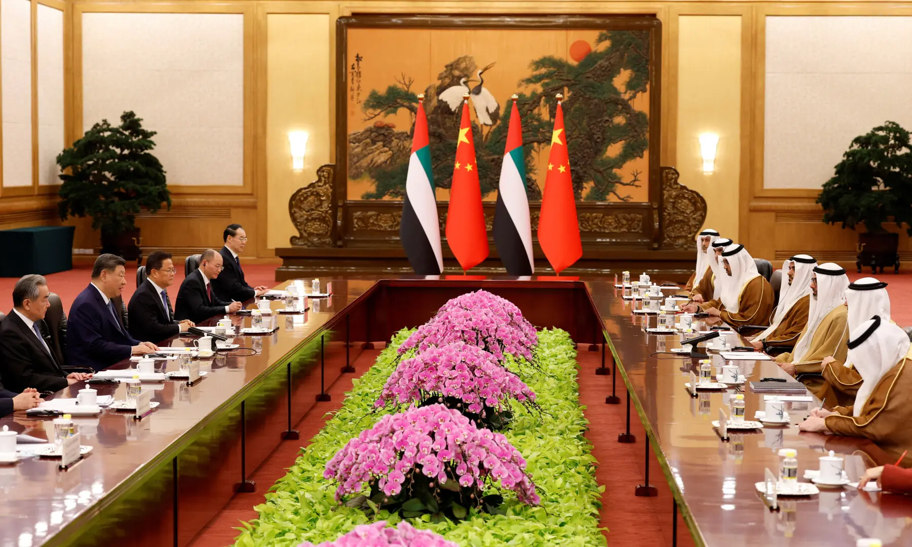 China&rsquo;s President Xi Jinping and Sheikh Khaled bin Mohamed bin Zayed AI Nahyan, Crown Prince of Abu Dhabi, United Arab Emirates, attend a meeting at the Great Hall of the People, in Beijing on April 14, 2026. &mdash; Pool via Reuters